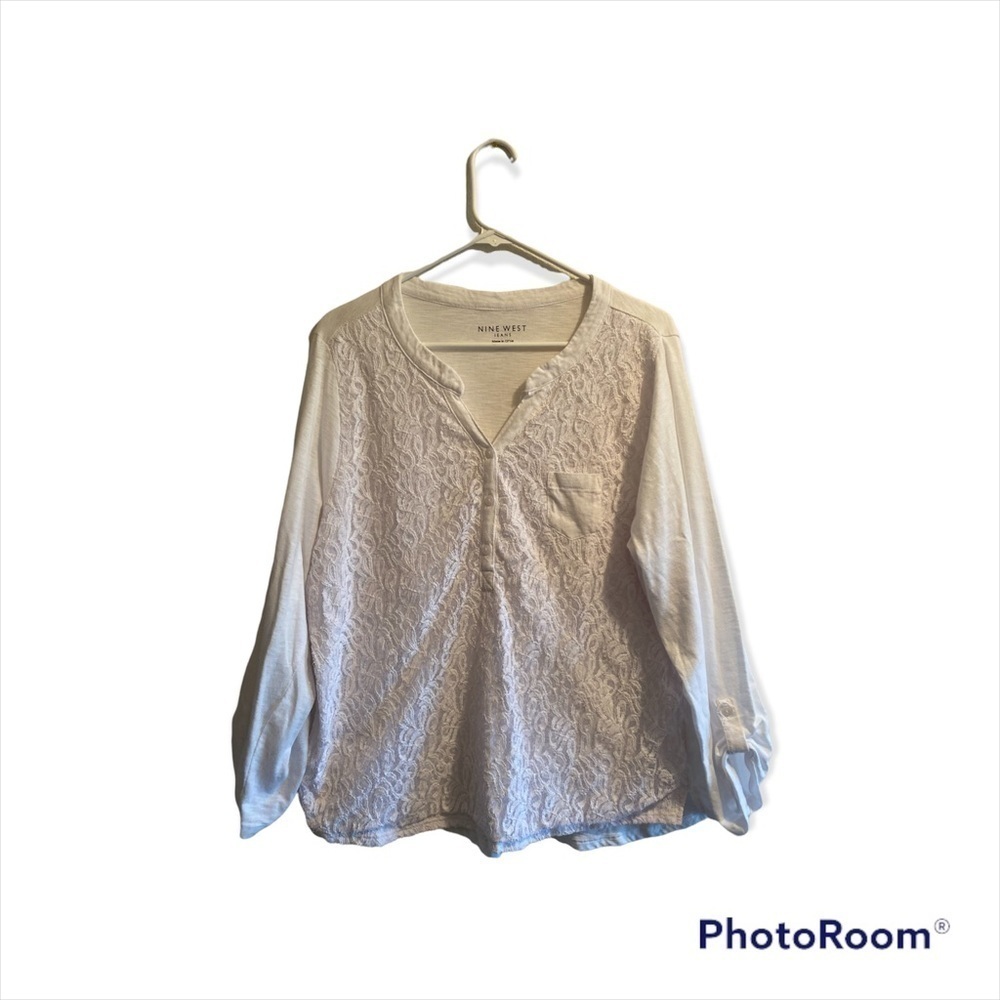 Nine West Jeans Blouse, Womens Missy XXL White With White Lace, Roll Tab Sleeves